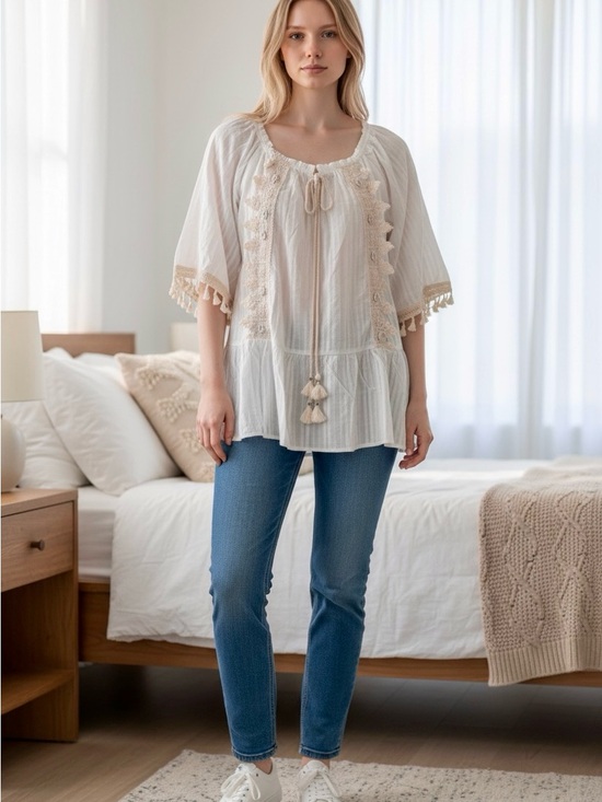 Addconfdt Tops - Boho Tassel Tie Peasant Top in Ivory with Beige Trim NWT